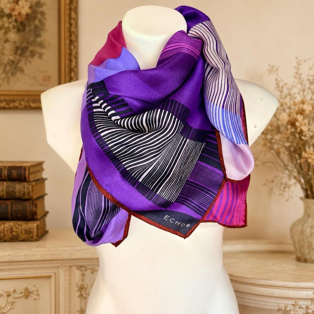 Vintage Echo 1980s Silk Geometric Color Block Abstract Scarf Purple Pink 35 x 35